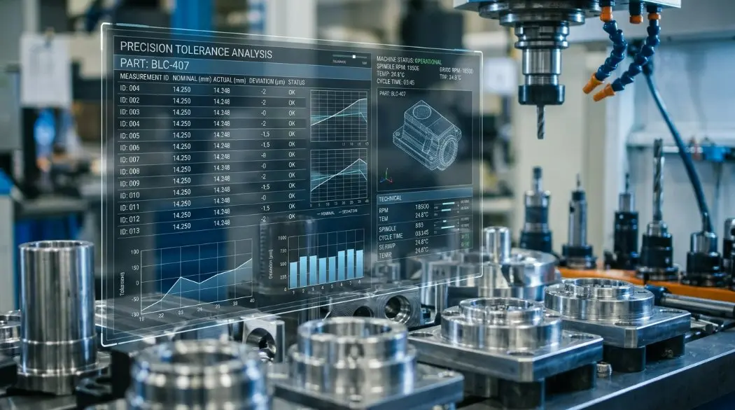 A professional technical data table overlaying a blurred background of high-quality stainless steel and aluminum CNC machined parts.